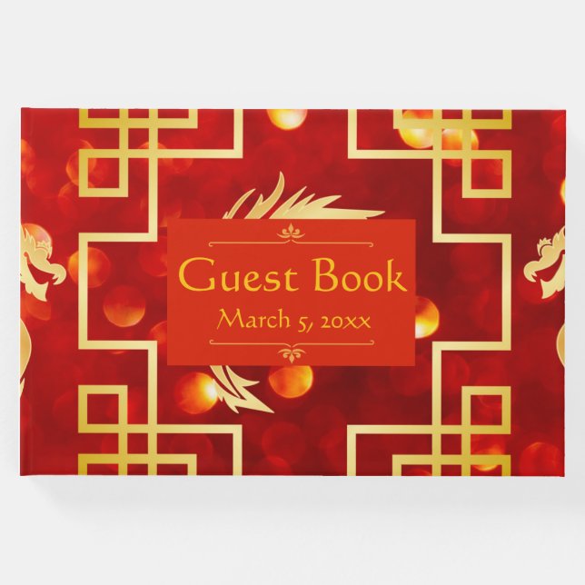Red and Gold Dragon Wedding Guest Book Gästebuch (Vorderseite)