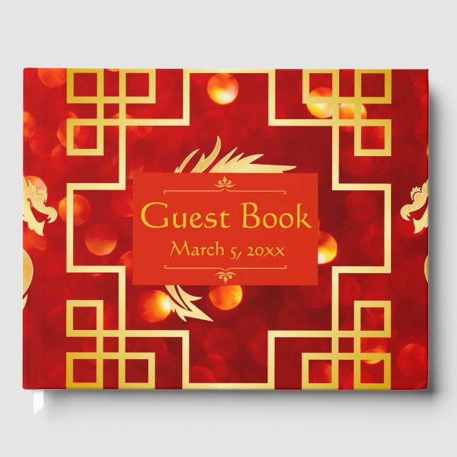 Red and Gold Dragon Wedding Guest Book Gästebuch (Vorderseite)
