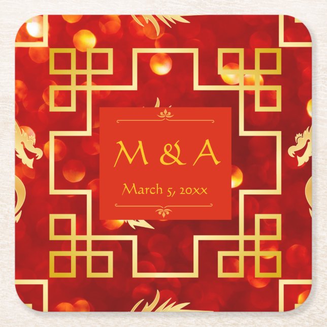 Red and Gold Dragon Wedding Rechteckiger Pappuntersetzer (Vorderseite)