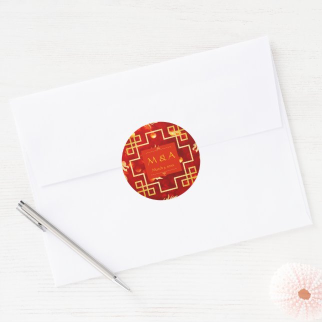Red and Gold Dragon Wedding Runder Aufkleber (Umschlag)