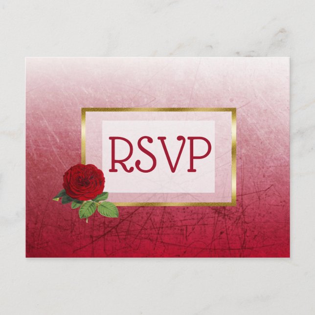 Red and Gold Faded Rose Wedding RSVP Postkarten (Vorderseite)