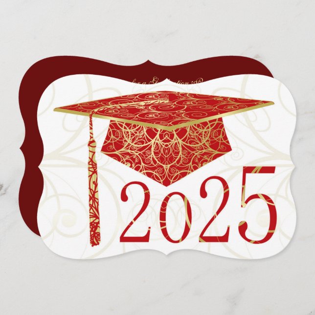 Red and Gold Floral Cap 2025 Graduation Party Einladung (Vorne/Hinten)