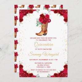Red and Gold Floral Cowboy Boot Quinceañera Einladung