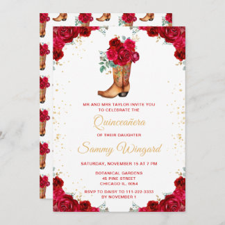 Red and Gold Floral Cowboy Boot Quinceañera Einladung
