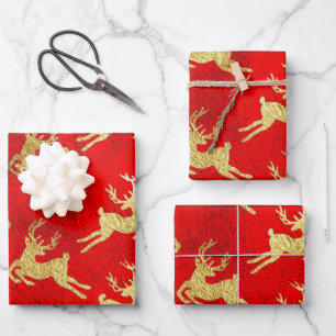 Red and Gold Foil Rentierfestival Geschenkpapier Set