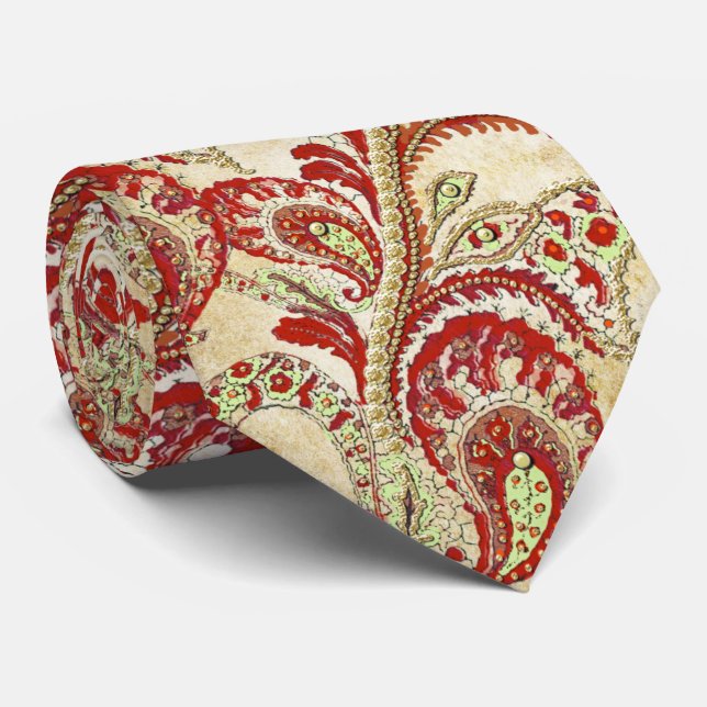 Red and Gold Gatsby Paisley Wedding Krawatte (Gerollt)
