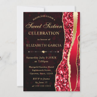 Red and Gold Glam Tears Bokeh 16 . Geburtstag Einladung