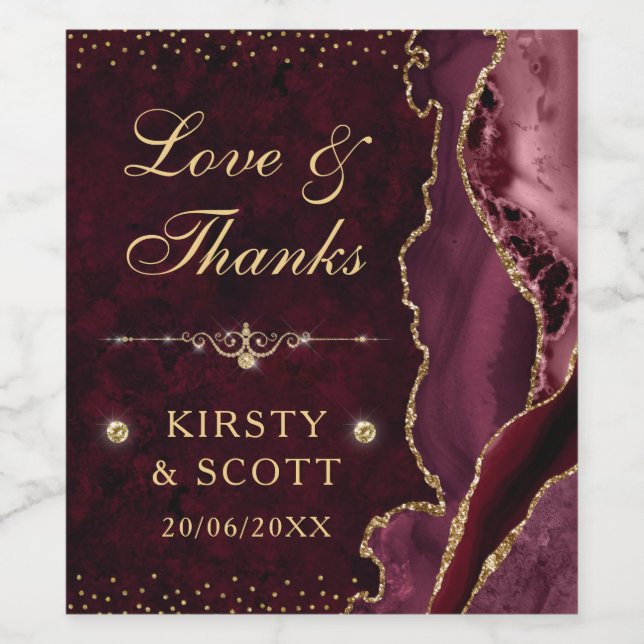 Red and Gold Glitzer Agate und Marmor Hochzeit Weinetikett (Einzelnes Label)