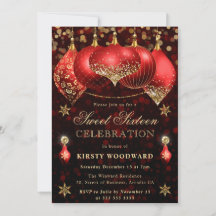 Red and Gold Glitzer Baubles 16 . Geburtstag