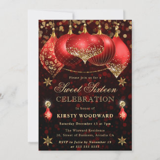 Red and Gold Glitzer Baubles 16 . Geburtstag Einladung