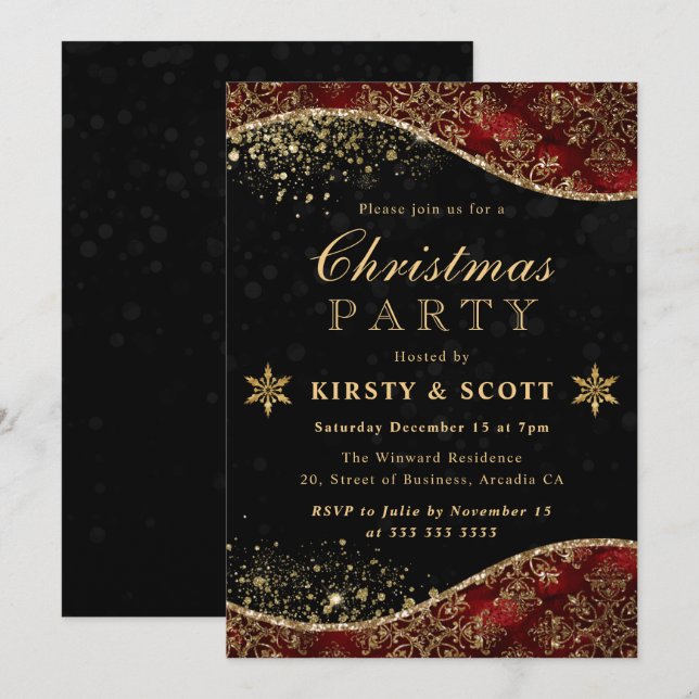 Red and Gold Glitzer Damask Party Einladung (Vorne/Hinten)