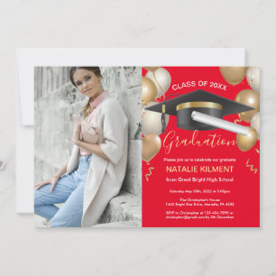 Red and Gold Graduate Cap Graduation Party Foto Einladung