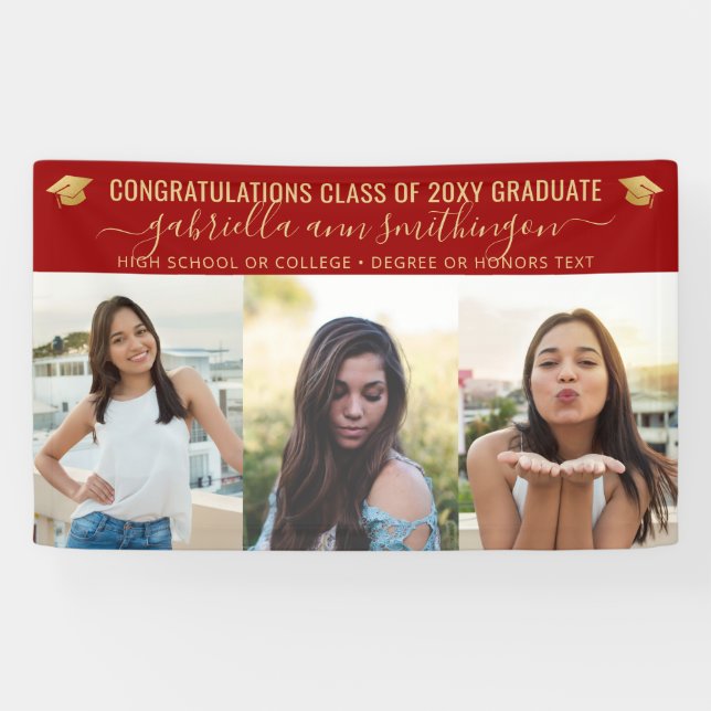 Red and Gold Graduation 3 Foto Banner (Horizontal)