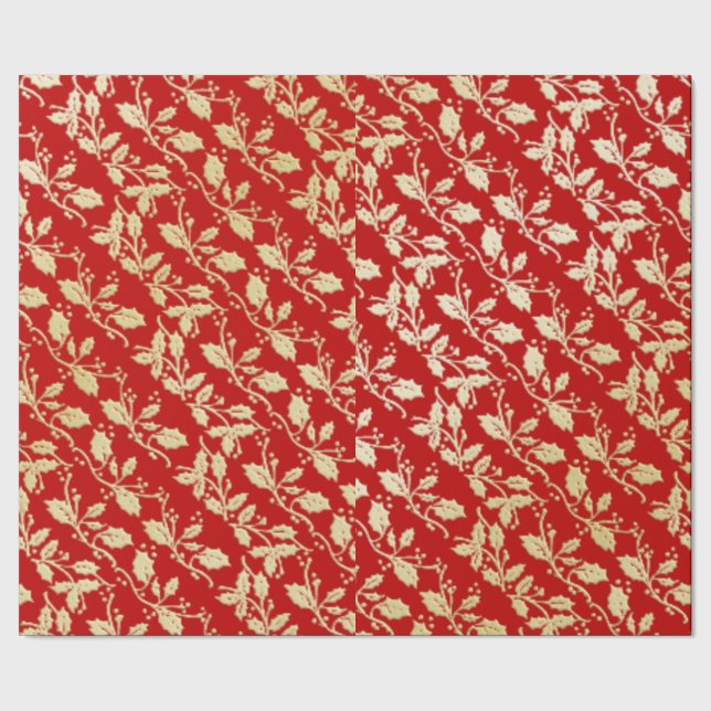 Red and Gold Holly Weihnachtswrapping Paper Geschenkpapier (Saum)