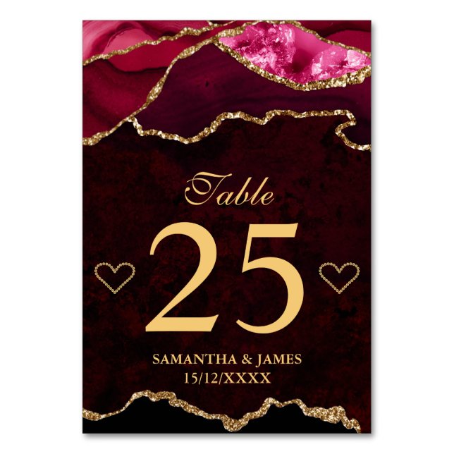 Red and Gold Imitate Glitzer Agate Wedding Tischnummer (Vorderseite)