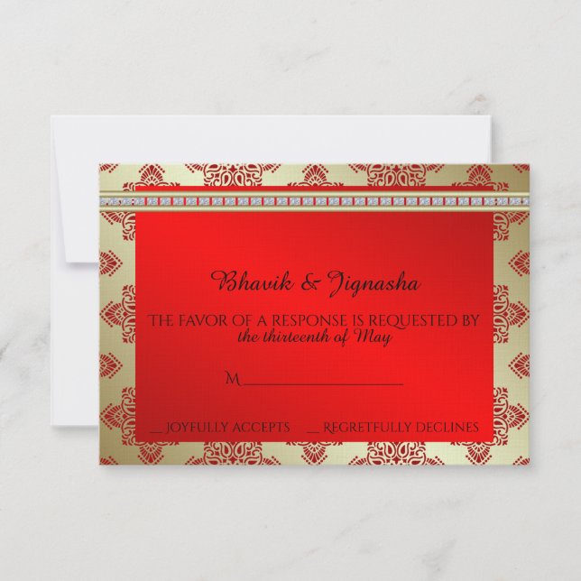 Red and Gold Indian Damask Wedding Response Card RSVP Karte (Vorderseite)