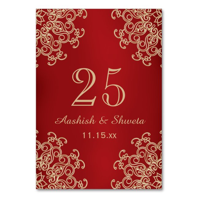 Red and Gold Indian Style Wedding Number Tischnummer (Rückseite)