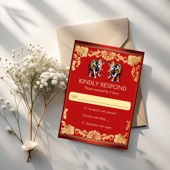 Red and gold Indian wedding elephants RSVP Karte (Red and gold elephants Indian wedding  RSVP Cards Hindu wedding invitations suite)