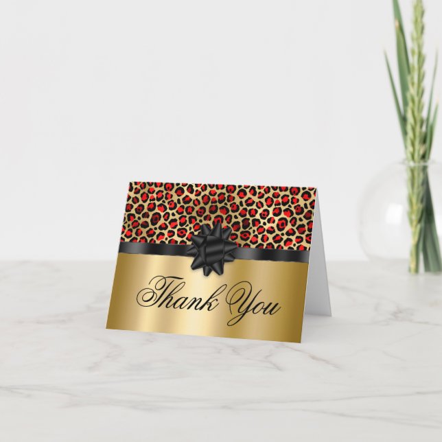 Red and Gold Leopard Glam Black Gift Bow Dankeskarte (Vorderseite)