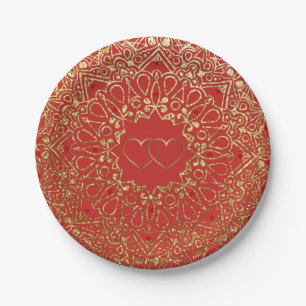 Red and Gold Mandala mit Herz-Papier-Tellern Pappteller