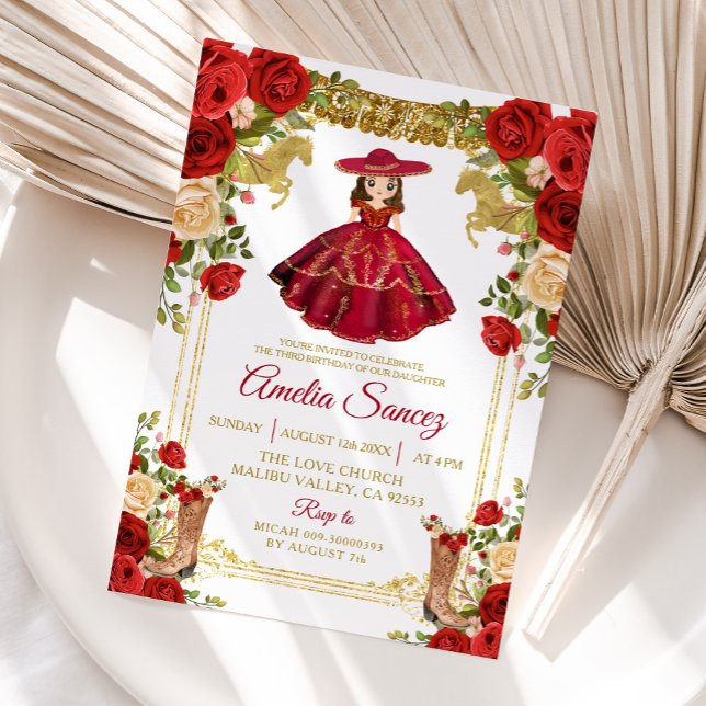 Red and Gold Mexican Girl Tres Añ os Birthday Einladung (Von Creator hochgeladen)