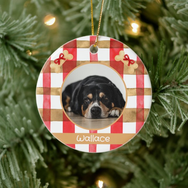 Red and Gold Plaid Round Pet Ornament (Baum)