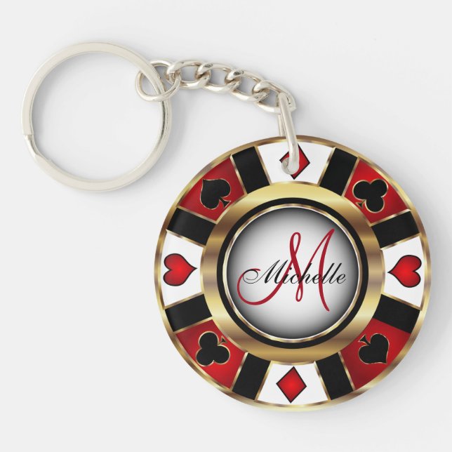 Red and Gold Poker Chip Design - Monogramm Schlüsselanhänger (Vorderseite)