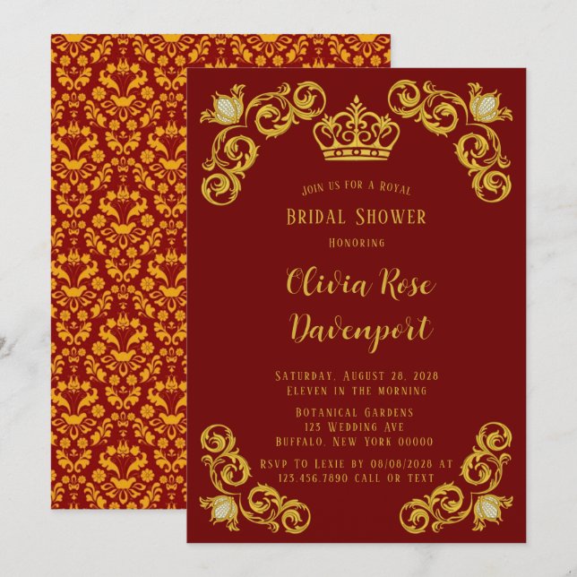 Red and Gold Royal Crown Damask Brautparty Einladung (Vorne/Hinten)