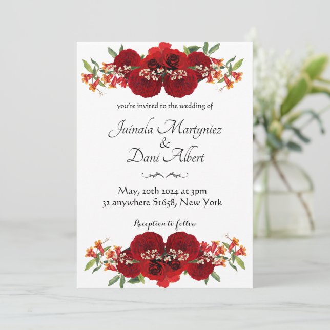 Red and gold rustic flower wedding einladung (Stehend Vorderseite)