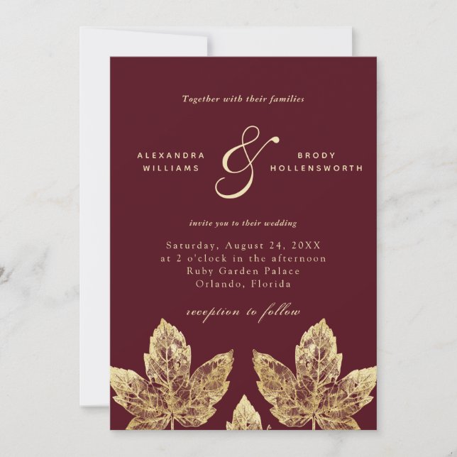 Red and Gold Rustic Gold Foil Blätter Wedding Einladung (Vorderseite)