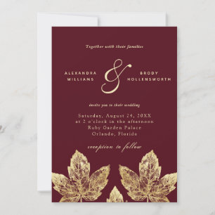 Red and Gold Rustic Gold Foil Blätter Wedding Einladung