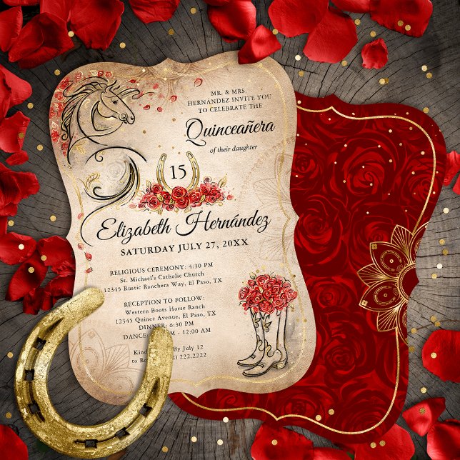 Red and Gold Rustic Ranchera Mexican Quinceanera Einladung (Von Creator hochgeladen)