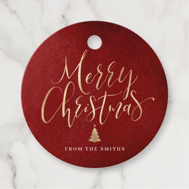 Red and Gold Simple Calligraphy Frohe Weihnachten Geschenkanhänger (Vorderseite)