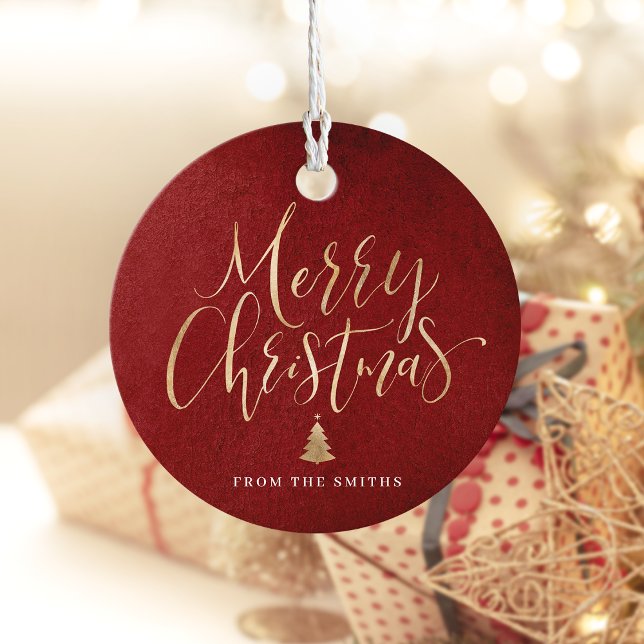 Red and Gold Simple Calligraphy Frohe Weihnachten Geschenkanhänger (Red and Gold Simple Calligraphy Merry Christmas Favor Tags)