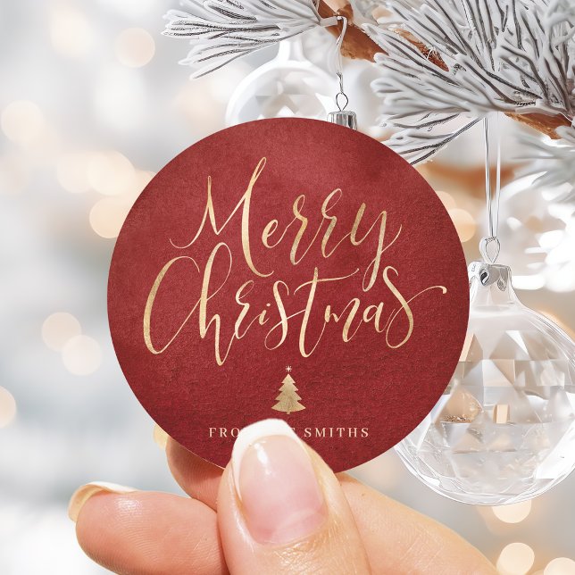 Red and Gold Simple Calligraphy Frohe Weihnachten Runder Aufkleber (Red and Gold Simple Calligraphy Merry Christmas Classic Round Sticker)