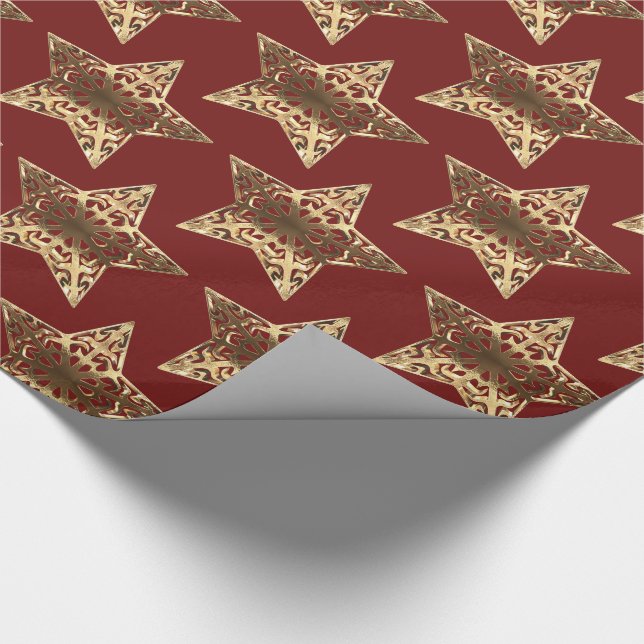 Red and Gold Stars Muster Burgundy Weihnachtsschic Geschenkpapier (Ecke)