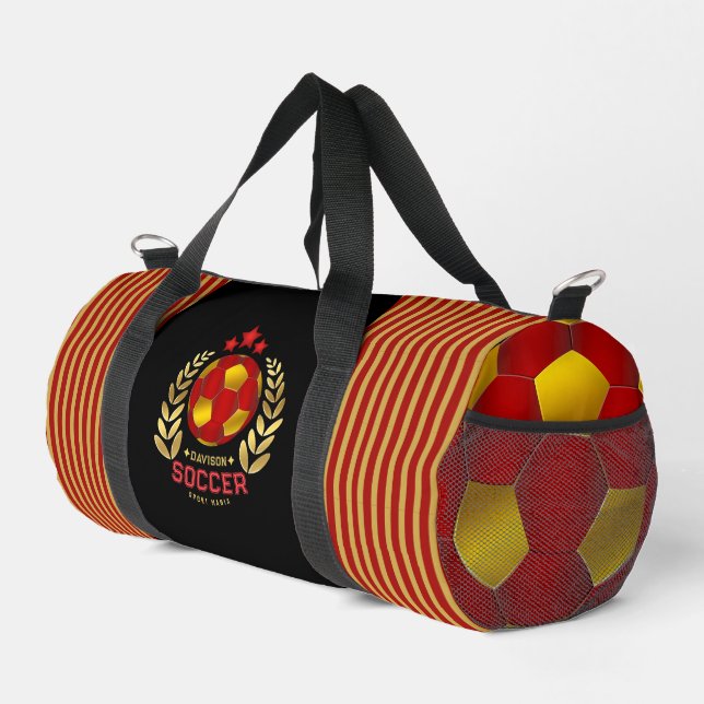 Red And Gold Striped Crest With Ball Pattern Desig Duffle Bag (Rechte Ecke)