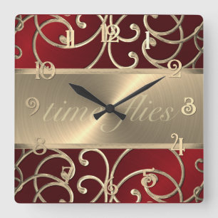 Red and Gold Time Flock Quadratische Wanduhr