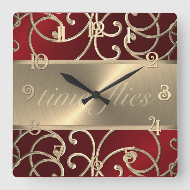 Red and Gold Time Flock Quadratische Wanduhr (Vorderseite)