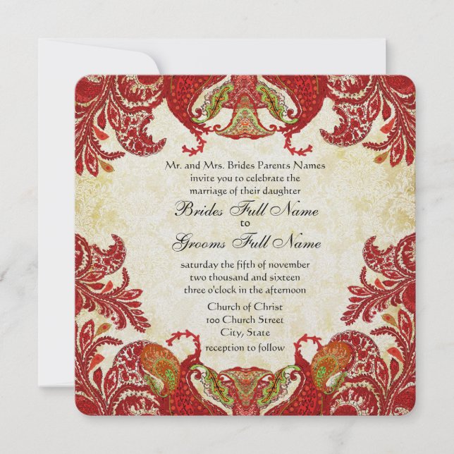 Red and Gold Vintag Paisley Damask Wedding Einladung (Vorderseite)
