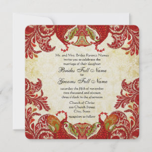 Red and Gold Vintag Paisley Damask Wedding Einladung