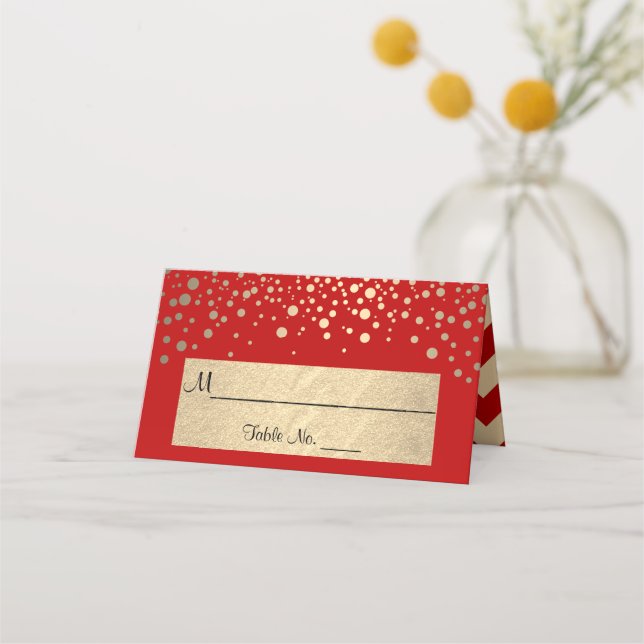 Red and Gold Zickzack und Confetti Dots - Hochzeit Platzkarte (Vorderseite)