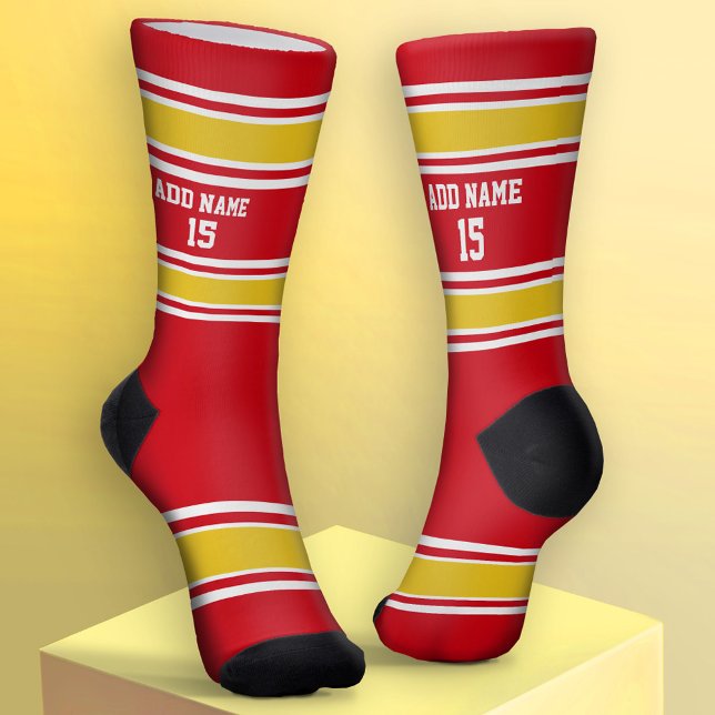 Red and Golden Yellow Sport Jersey - Name Number Socken (Custom Sport Socks - Add Jersey Name and Number)