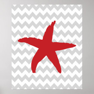 Red and Gray Chevron Nautical Sea Star Poster