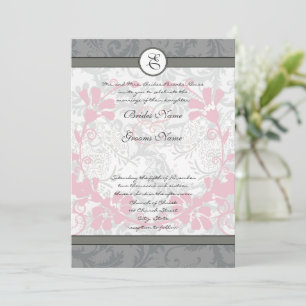 Red and Gray Vintag Lovebird Damask Wedding Einladung