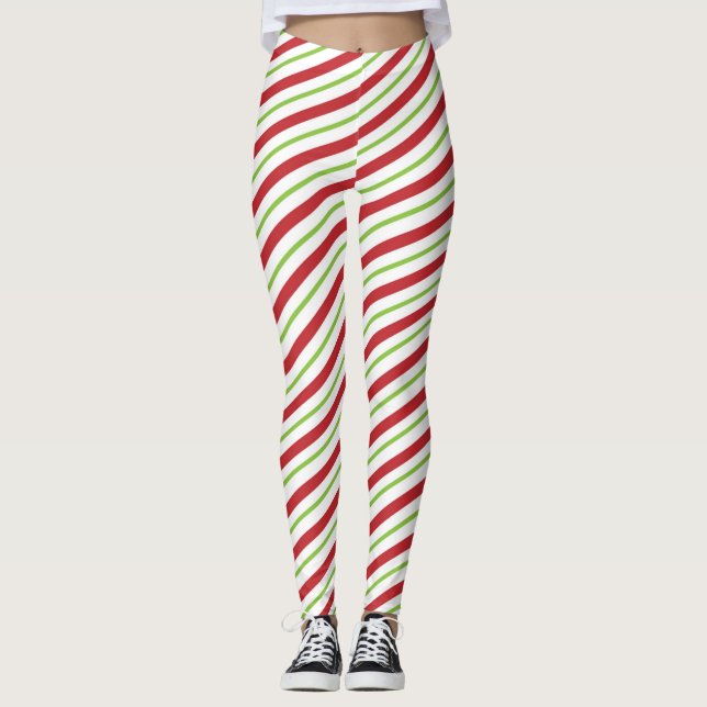 Red and Green Candy Cane Weihnachten Leggings (Vorderseite)