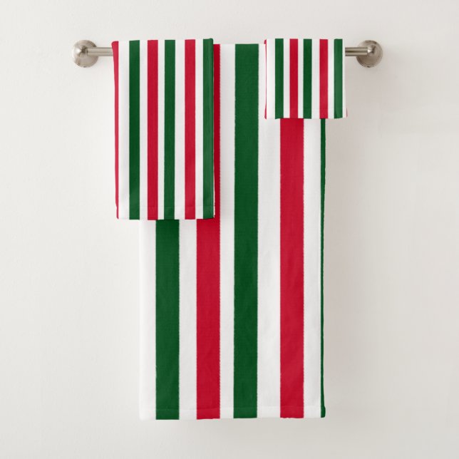 Red and Green Candy Cane Weihnachtsstreifen Badhandtuch Set (Insitu)