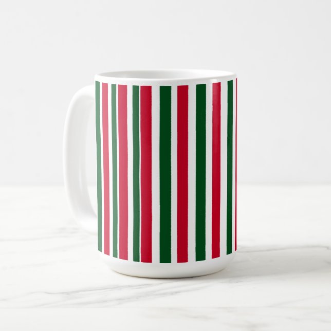 Red and Green Candy Cane Weihnachtsstreifen Kaffeetasse (Vorderseite Links)