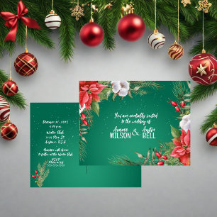 Red and Green Christmas Poinsettia Wedding Einladungspostkarte