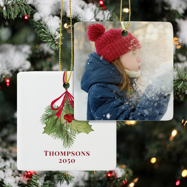Red and Green Classic Holly Photo Custom Keramikornament (With simple block-style lettering and elegant red ribbon. )